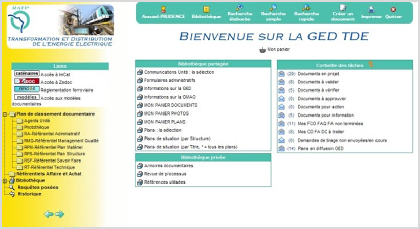 Capture d'écran de la page d'accueil de la GED transverse pour la RATP TDE