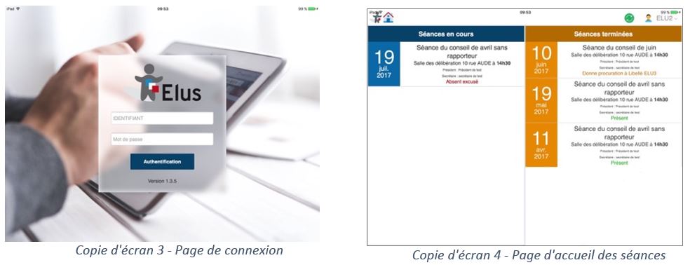 Copies d'écran Accueil et connexion App Elus